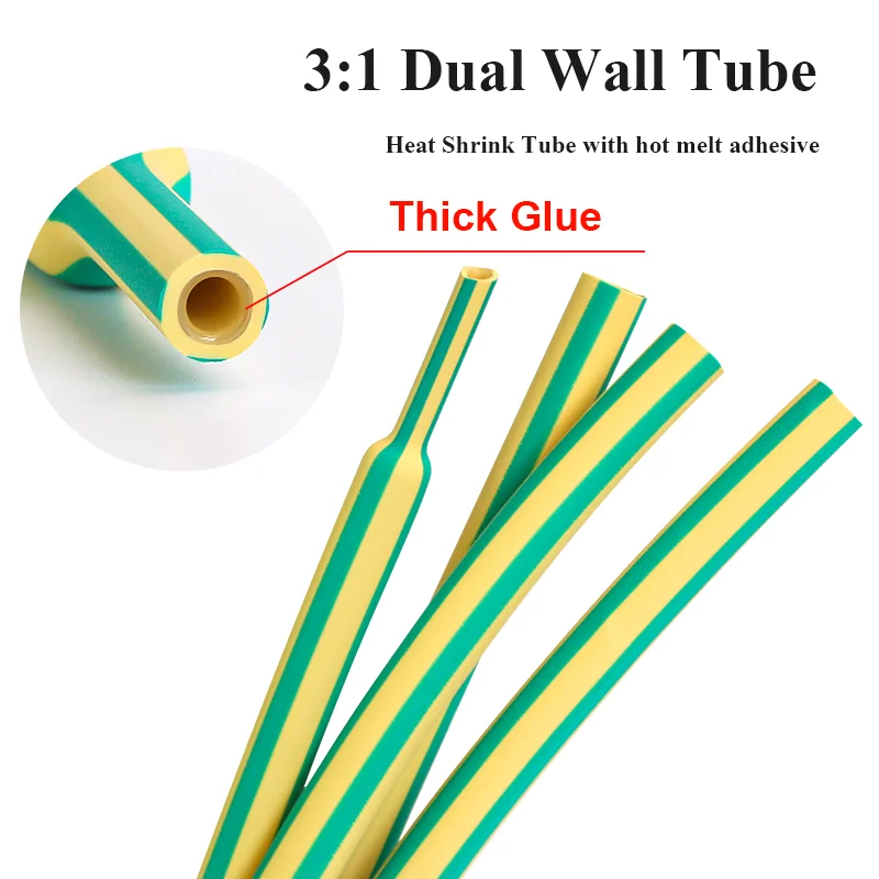 1 M / grup 3: 1 ısı borusu Shrink yapıştırıcı Kaplı Çift Duvar boru kol sarma tel kablo kiti sarı ve Yeşil Çift Duvar