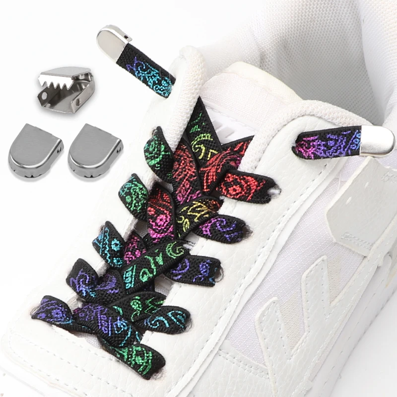 1 Çift Hiçbir Kravat Shoelaces Ayakkabı Dantel Düz Çiçek Metal basın Basit kurulum Tembel Ayakkabı kilit Renk Elastik Kaju Dantel