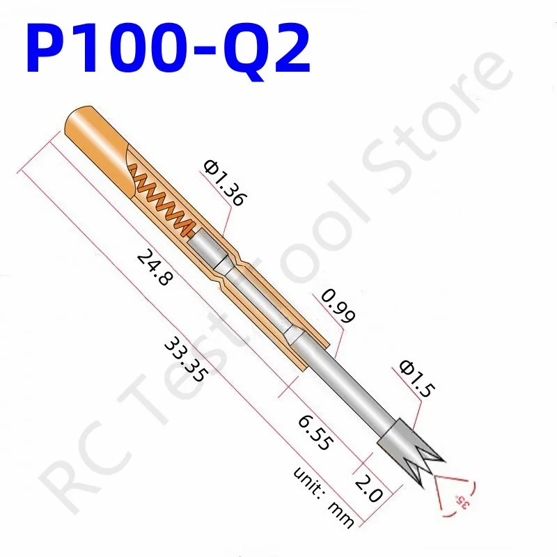 100 ADET Bahar Test Probu P100-Q2 4 pençe Kafa Testi Pin Kafa Dia 1.5 mm Uzunluk 33.35 mm İğne Dia 1.36 mm Bahar Pogo Pin P100-Q