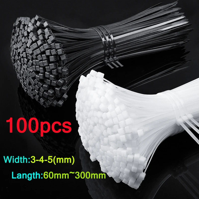 100 ADET Kendinden Kilitlemeli Plastik Naylon Kablo Bağları Siyah Beyaz Uzunluğu 60-300mm Endüstriyel Kablo Bağları Genişliği 3~5mm Fermuar Kablo Bağları Seti