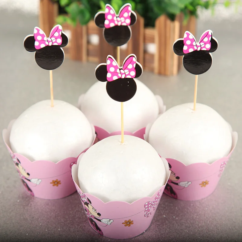 12 adet Sarmalayıcılar + 12 adet Toppers Minnie Mouse Renkli Kağıt Cupcake Kek Çocuklar Doğum Günü Partisi Süslemeleri Malzemeleri