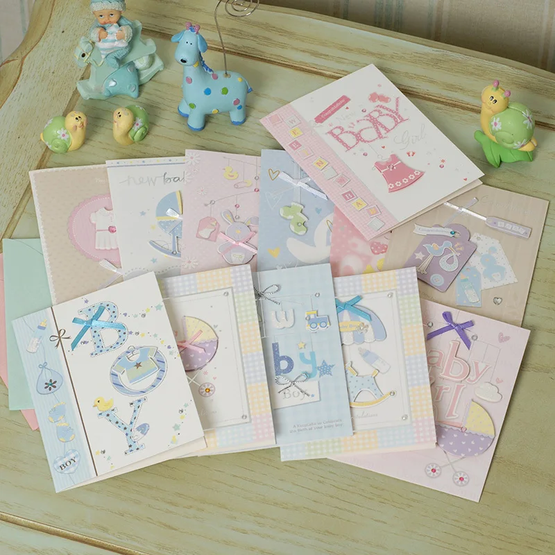 12 adet sevimli yeni bebek kartları bebek kız erkek hediye kartları zarflar ile el yapımı bebek kartları
