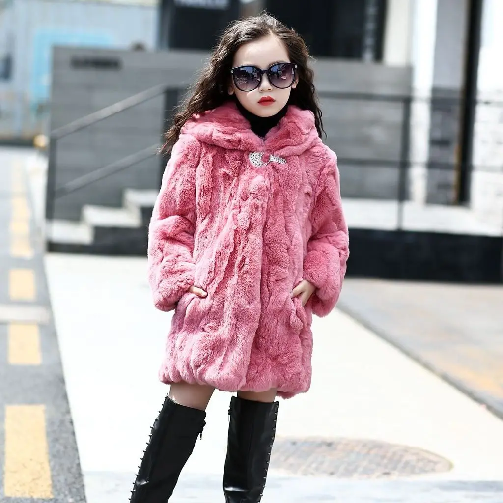 2021 Yeni Kış Kızlar Zarif Kalın Sıcak Kürk Ceket Bebek Kız Gerçek Tavşan Kürk Ceketler Çocuk Uzun Kollu Kapşonlu Giyim Z60