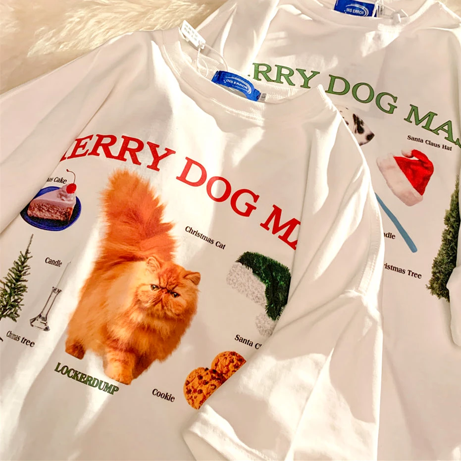 2022 Beyaz Pamuklu Malzeme Üstleri Yeni Yaz Vintage Sevimli Köpek ve Kedi Karikatür Grafik T Shirt Kadın Kızlar Kawaii Giysileri Harajuku