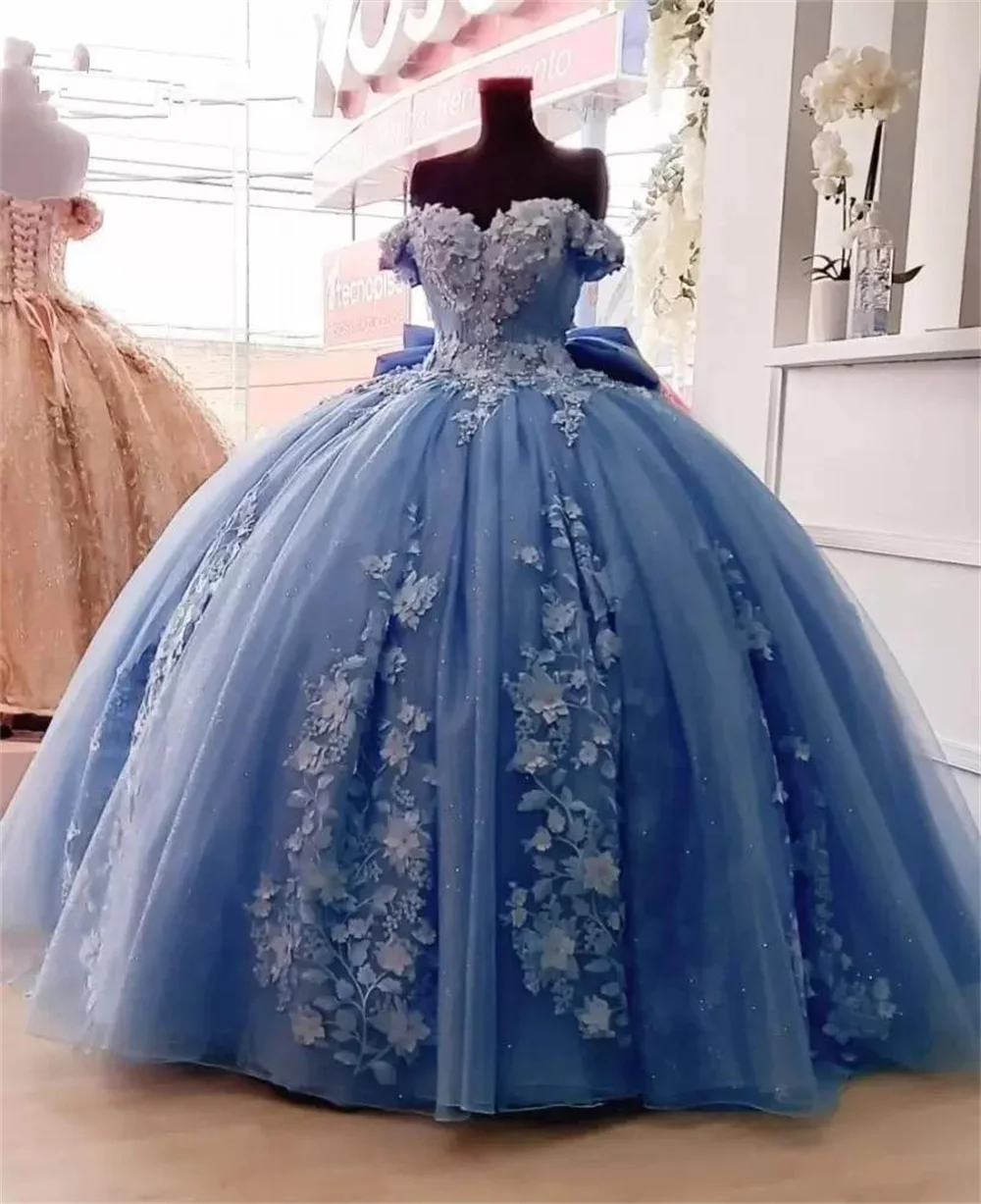 2022 Meksika Gök Mavisi Quinceanera Elbiseler 3D Çiçek Aplike Vestidos XV Años Tatlı 16 Yay robe de soirée