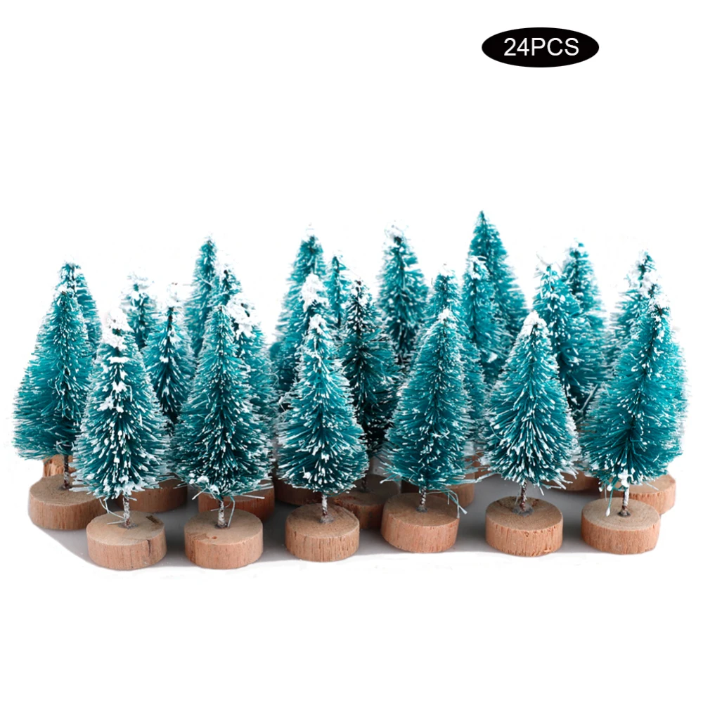 24 Adet Mini Mavi Sedir Ağaçları Kiti Sisal Kar Don Ağaçları Ahşap Taban İle şişe fırçası Ağaçları Plastik Kış Kar Süsleme
