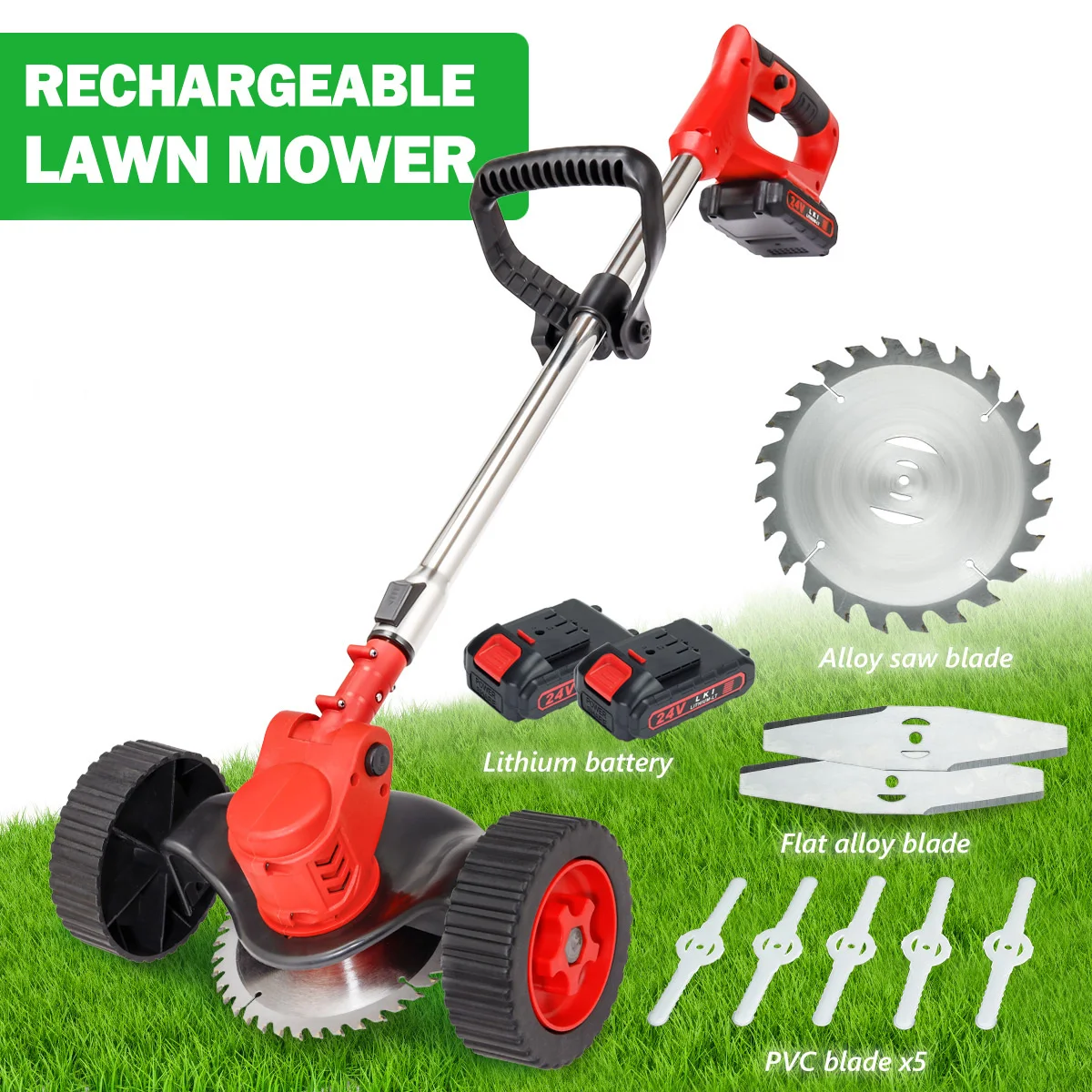 24V Elektrikli çim makası Akülü Güçlü çim biçme makinesi Çift Tekerlek Uzunluğu Ayarlanabilir Bahçe Budama Kesici Aracı 2 Pil ile