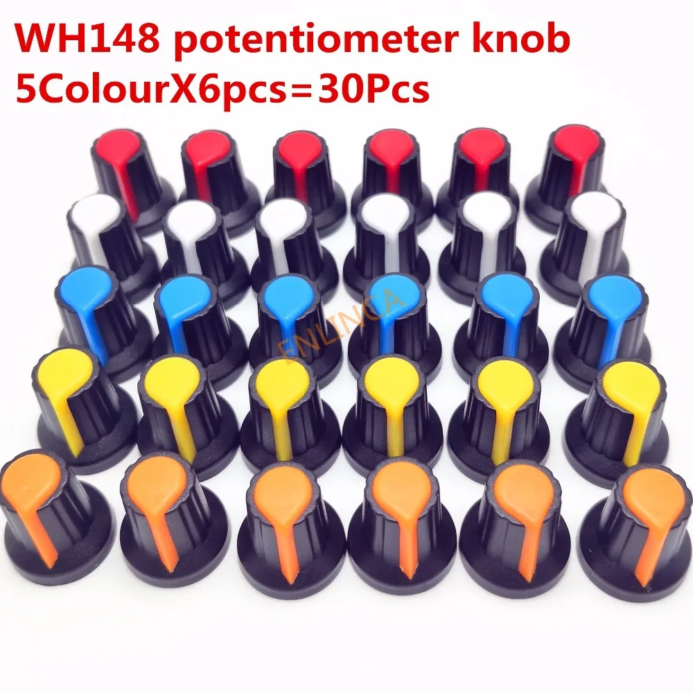 30 adet 5 renk WH148 potansiyometre topuzu kapağı (bakır çekirdek) 15X17mm 6mm Mil Delik AG2 Sarı Turuncu Mavi Beyaz Kırmızı 5 renk*6 ADET=30 ADET