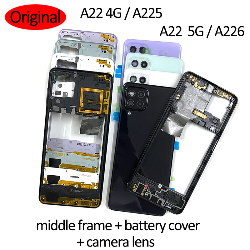 30 adet Samsung Galaxy A22 4g 5g A225 A226 Telefon Konut Case Orta Çerçeve Kapak + Pil Arka Kapak Arka Kapı Kapak + Kamera Lens