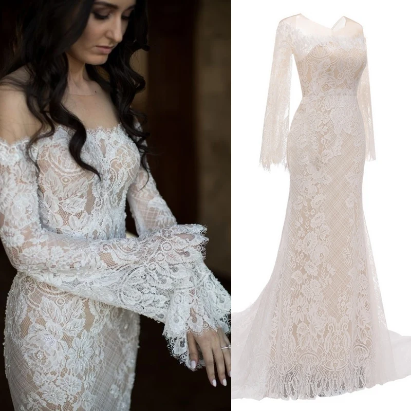 3020#Straplez Kapalı Omuz Dantel Parlama Kollu Kılıf Bohemian Plaj Boho düğün elbisesi gelin kıyafeti Vestidos De Novia 2021