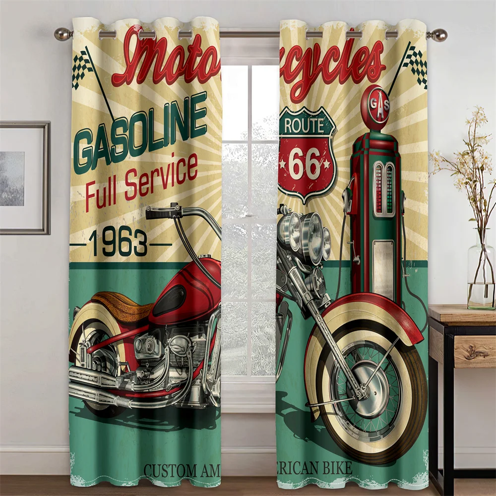 3D Baskı Özel Ucuz Vintage Rota 66 Poster Retro Motosiklet Araba Perde Gölgeleme Karartma Yatak Odası Oturma Odası Kanca Dekoratif