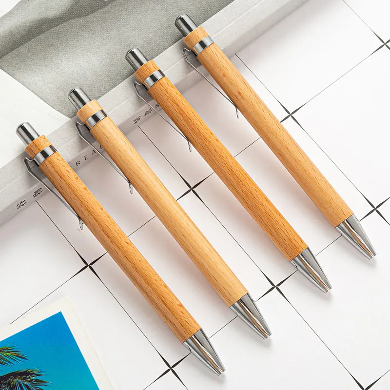 4 Adet Set Bambu Ahşap Tükenmez Kalem 1.0 mm Mermi Ucu Mavi Siyah Mürekkep İmza Tükenmez Kalem Ofis Okul Yazma Kırtasiye