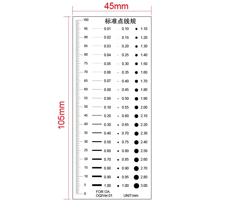 65x100mm Standart Nokta Göstergesi Film Cetvel Çizgi Genişliği Çapı Alan Karşılaştırma Kartı Mikrometre Kusur Tespiti için