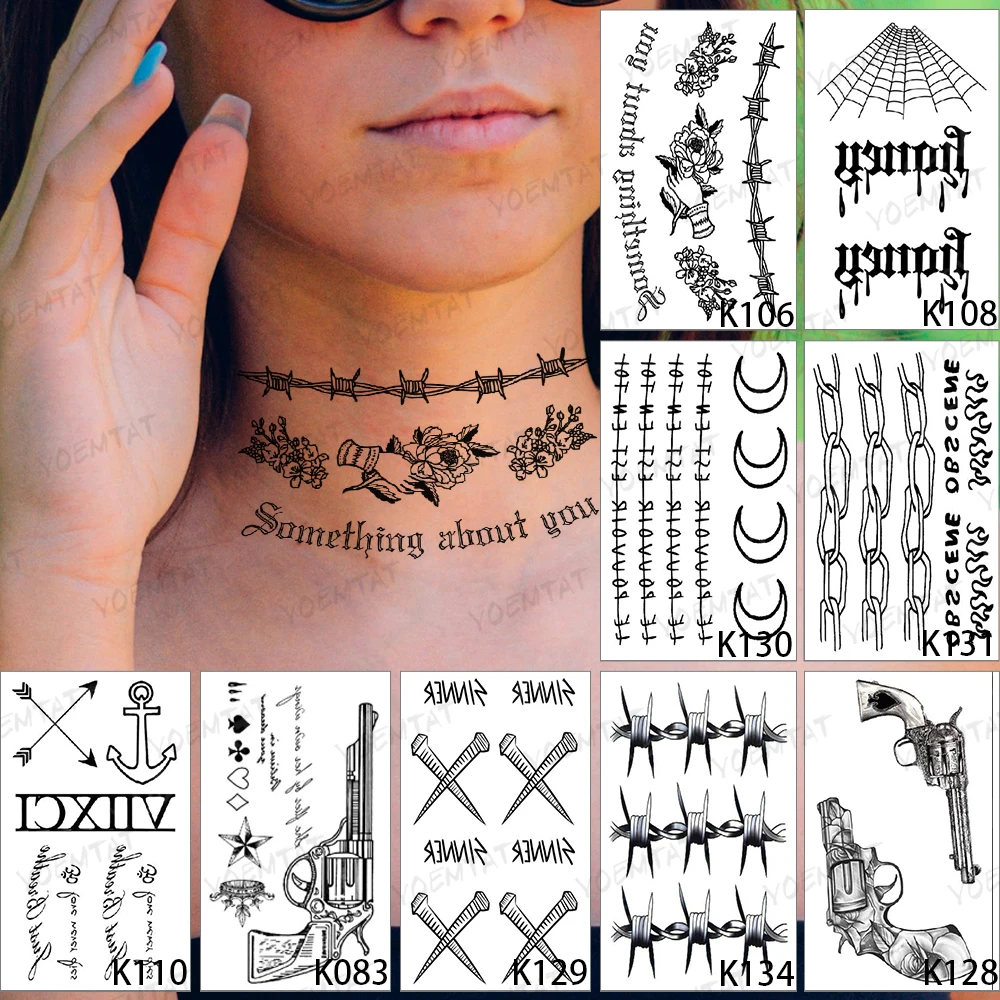 9 adet Su Geçirmez Geçici Dövme Etiket İngilizce Mektup Siyah Kelime Alev Tabancası Dövme Seti Vücut Sanatı Sahte Dövme Erkek Kadın Çocuk Çocuk