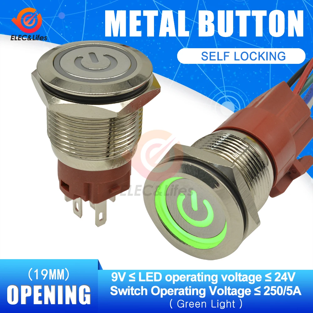 AC 250V 5A 19MM Anlık Mandallama Metal basmalı anahtar kırmızı / yeşil / mavi Led göstergesi Kendinden kilitleme basmalı düğme anahtarı