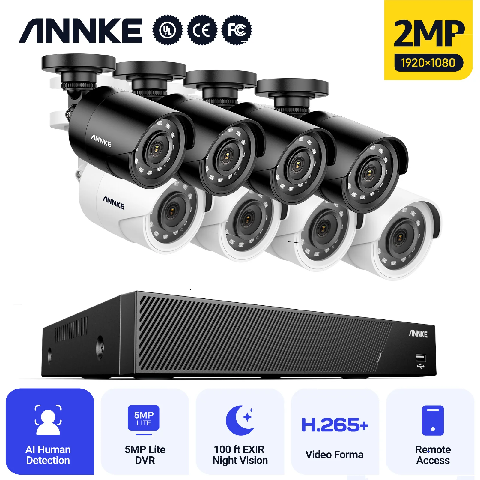 ANNKE 8CH 2MP HD Video Güvenlik Sistemi H. 265 + 5in1 5MP Lite DVR 4X8X1080P Dome Açık Hava CCTV Güvenlik Kameraları Kitleri