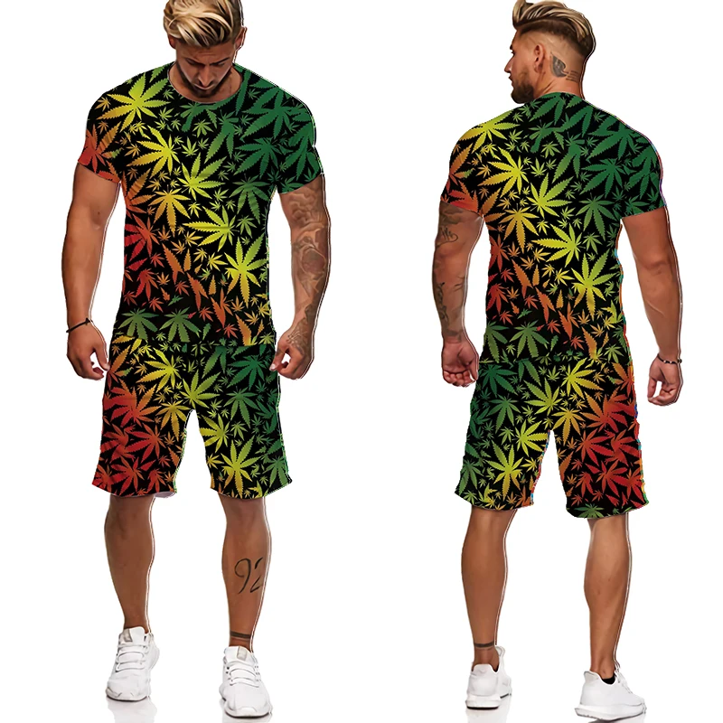 Avrupa Amerika Spor 3D Bitki Zehirli Ot Baskılı erkek tişört + Kısa 2 Parça Set Eşofman Kısa Kollu Kıyafetler erkekler için