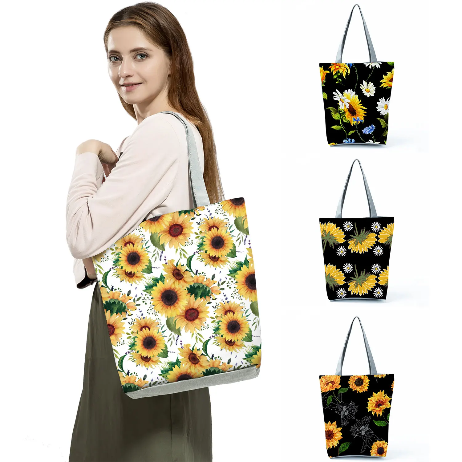 Ayçiçeği Çiçek Moda Baskılı Çanta Açık Çevre Dostu Kadın omuzdan askili çanta Yüksek Kapasiteli Taşınabilir Katlanabilir alışveriş çantası