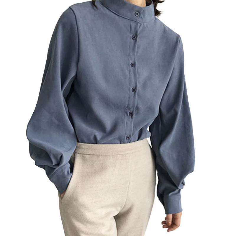 Bahar kadın Bluz Vintage Fener Kollu Tek Göğüslü Gömlek Kadın Gevşek Standı Yaka Bluz Katı Üst kadınlar