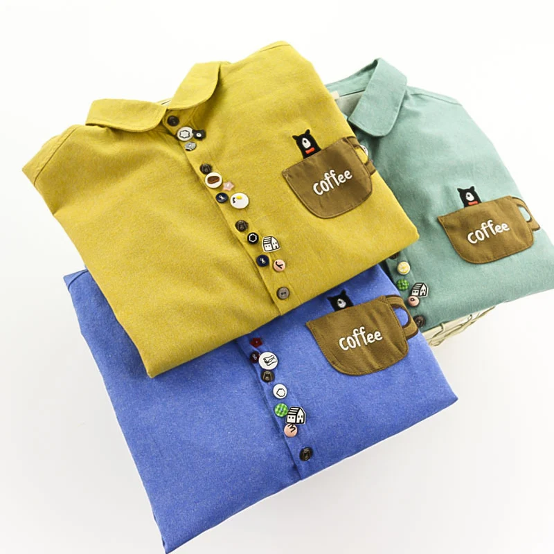 Bahar Sonbahar Rahat Tatlı Gömlek Kadın Güzel Renk Düğmesi Peter Pan Yaka Uzun Kollu Bluzlar Üst U306