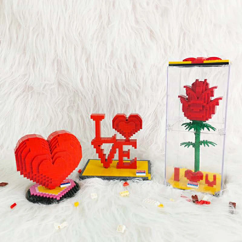 Balody Severler AŞK Günü Mini Tuğla Kırmızı Gül Mikro oyuncak inşaat blokları sevgililer Günü Hediyeleri İtirafı Kız Arkadaşı Mevcut
