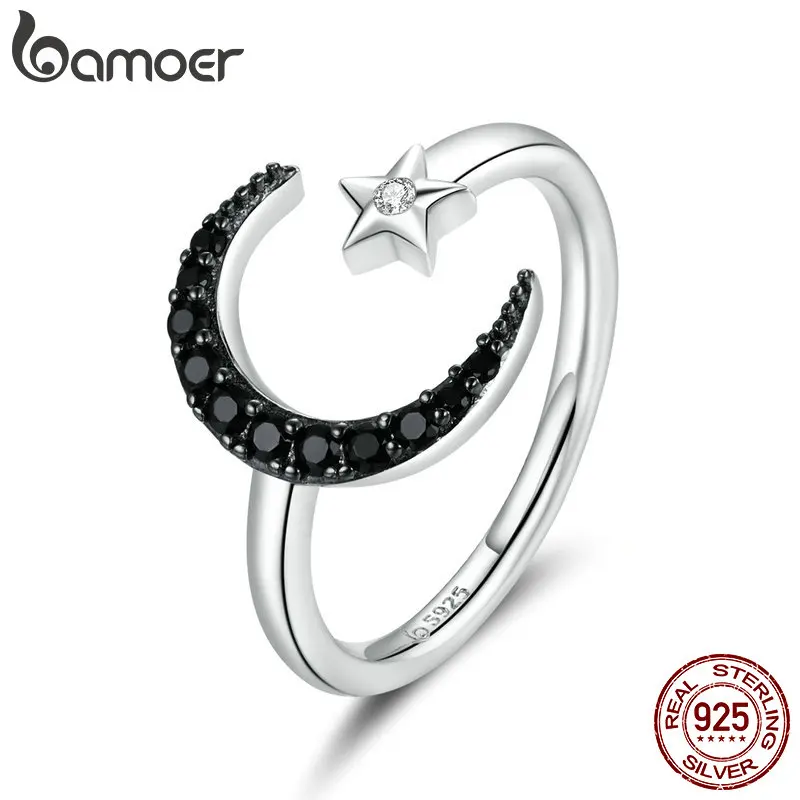 Bamoer 925 Ayar Gümüş Yıldız ve Ay Ayarlanabilir Yüzük Açık ve Siyah CZ Açılış Parmak Yüzük Kadınlar için Güzel Takı BSR137
