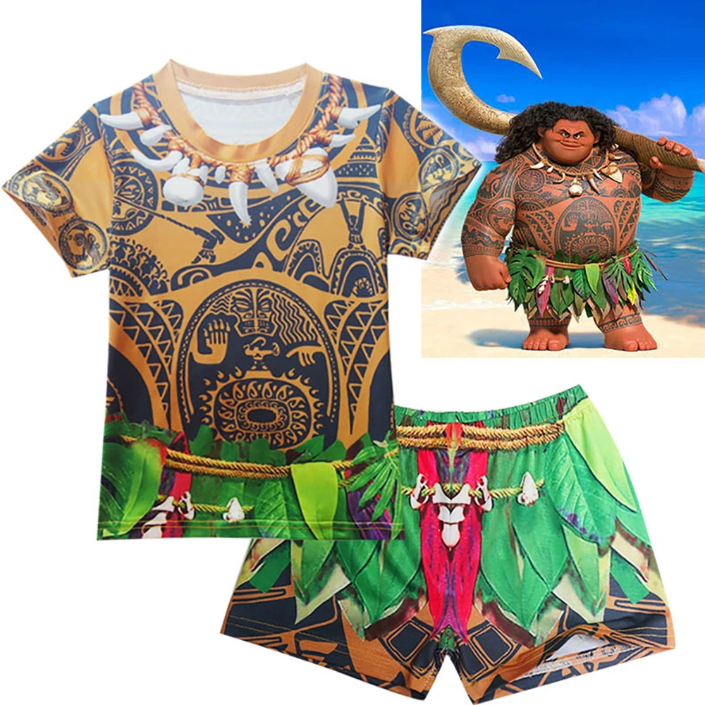 Bazzery Çocuk Okyanus Erkek Çocuklar mayo Kısa Kollu Moana Cosplay Maui Gömlek Şort Pantolon Mayo Kostüm Mayo