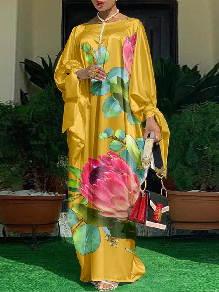 Bohem tarzı artı Boyutu Elbise VONDA 2022 Kadın O-boyun Uzun Kollu Saten Parti Elbise Vintage Casual Çiçek Baskılı Maxi Uzun Sundress