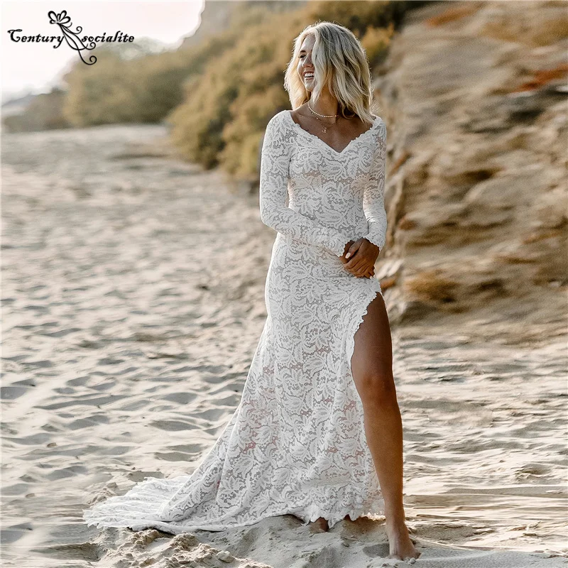 Boho Dantel düğün elbisesi Mermaid 2022 Uzun Kollu Yan Yarık Backless Plaj Gelin Elbiseler gelinlikler Vestido De Noiva
