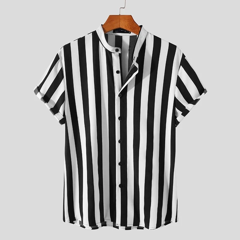 Casual Turn-aşağı Yaka Düğmeli Gömlek Erkekler Moda Çizgili Baskılı Kısa Kollu Gömlek 2022 Yaz Erkek Harajuku Hırka Üstleri