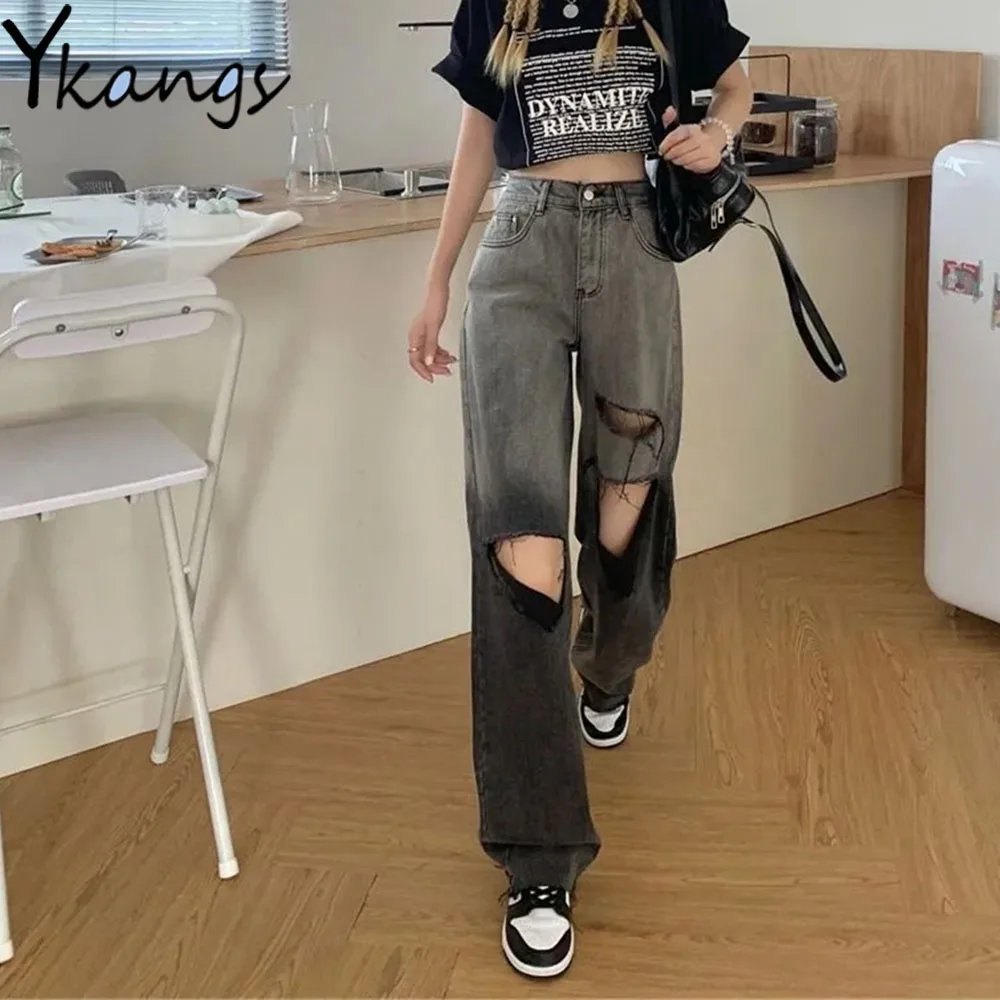 Degrade Renk Yırtık Delik Saçak Yüksek Bel Geniş Bacak Kot Streetwear Harajuku Hip Hop Gotik Kadın Kot Pantolon Baggy Pantolon
