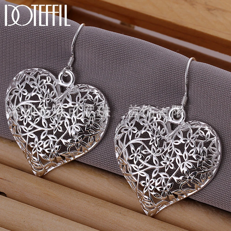 DOTEFFIL 925 Ayar Gümüş İçi Boş Kalp Çiçek Küpe Kadınlar İçin En İyi Hediye Düğün Nişan Takı