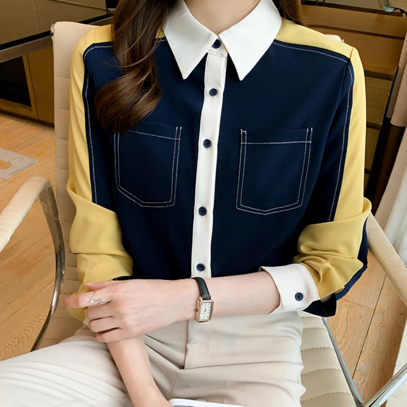 Ekleme Düğmesi Rahat Şifon Kadın Gömlek Tops Uzun Kollu 2023 Sonbahar Yeni Dikiş Kore Versiyonu Bluzlar Gömlek elbise 872C