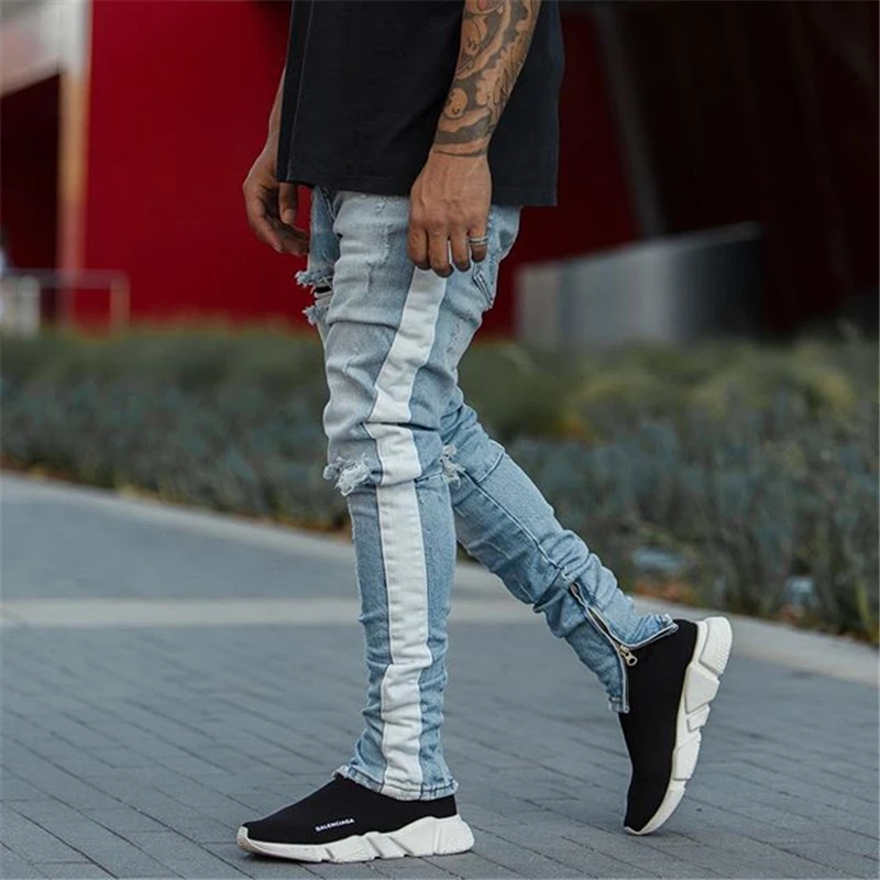 Erkekler hip hop KANYE WEST Ince Diz Yırtık Skinny Jeans Beyaz şerit Patchwork delik Tahrip Streetwear Ayak Bileği fermuar Kot Pantolon