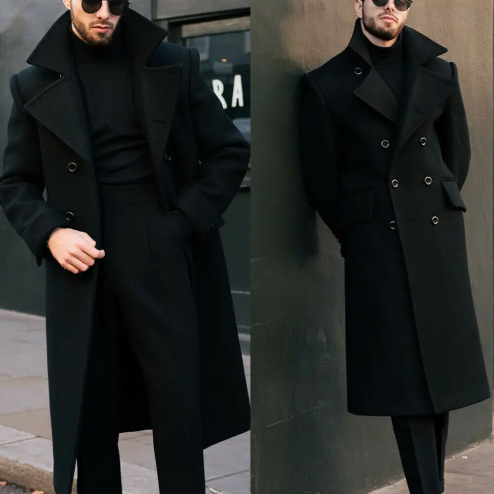 Erkekler Uzun Ceket Siyah Kruvaze Özel Yün Karışımı Kış sıcak Palto Özel Blazer Erkek Takım Elbise