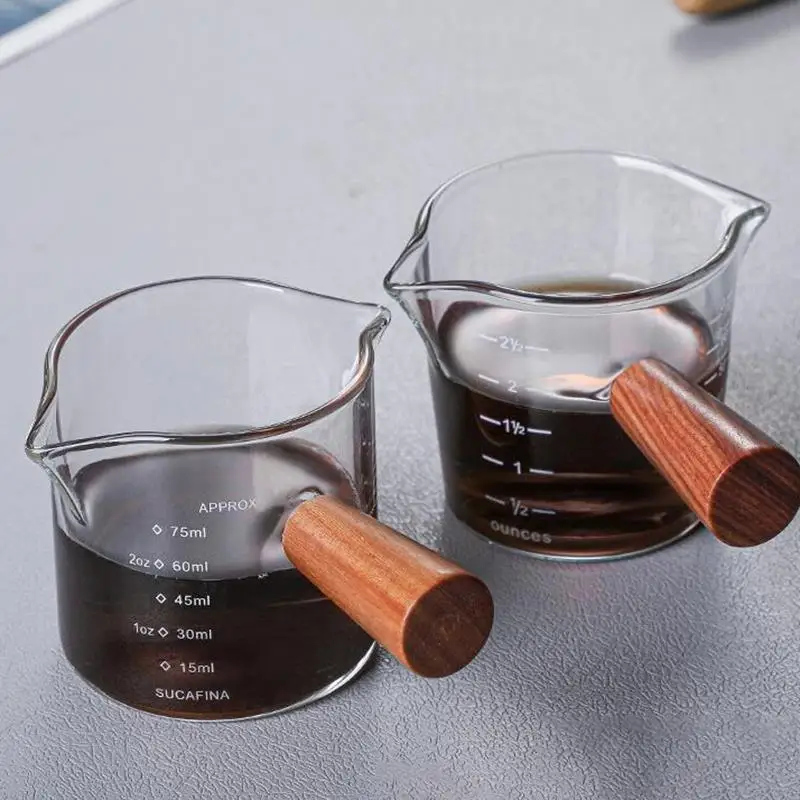 Espresso Ölçüm Bardak Ahşap Saplı Espresso Shot Cam Ölçekli Çift Ağızlı Ölçüm Üçlü Sürahi süt kupası