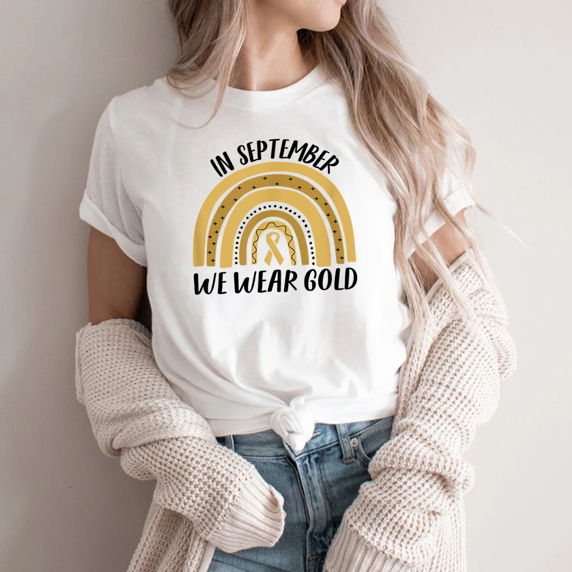 Eylül ayında Biz Giymek Altın Gökkuşağı T Shirt Çocukluk Kanseri Bilinçlendirme Gömlek Kadın Tişörtleri Kısa Kollu Streetwear Casual Tops Tee