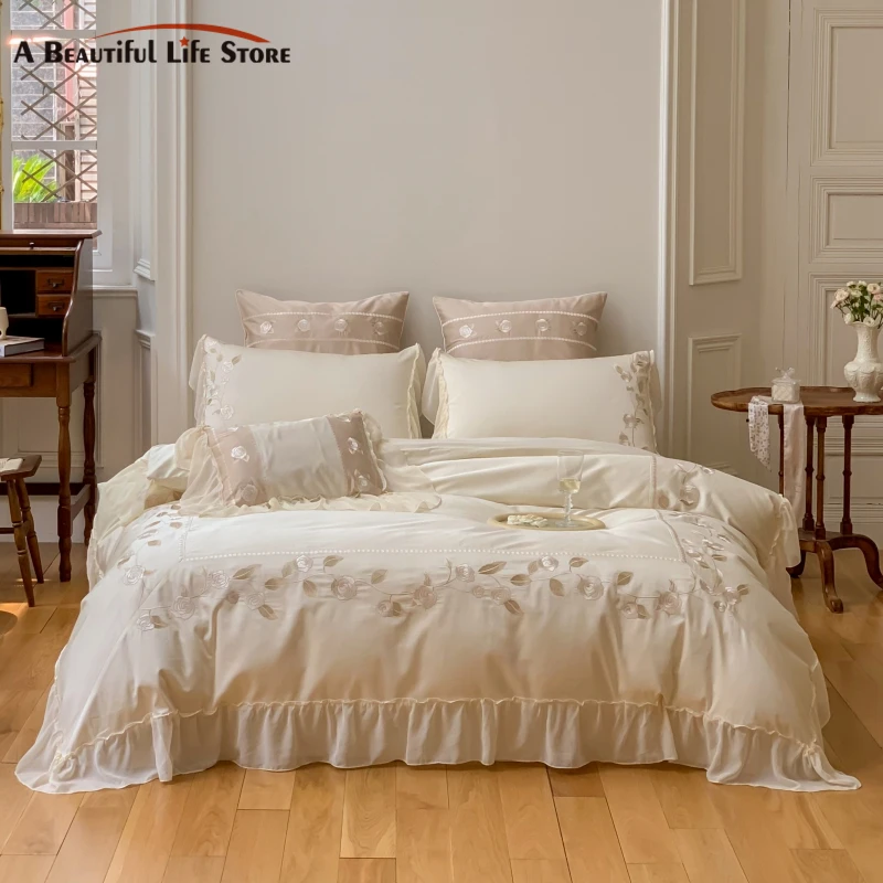 Fransız Tarzı Vintage Gül Çiçek Nakış 1000TC Mısır pamuk yatak seti Ruffles Yorgan yatak örtüsü seti yatak çarşafı Yastık Kılıfı
