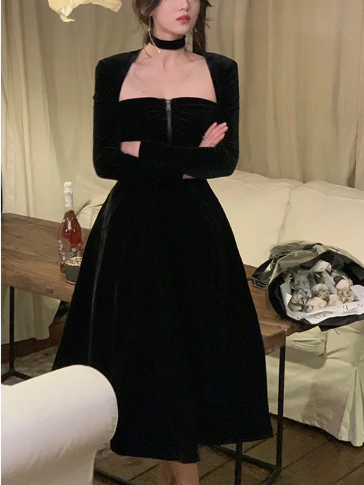 Fransız Vintage Kadife Midi Elbise Kadın Siyah Zarif Akşam Parti Elbise Rahat Tek Parça Elbise Kore Moda 2022 Sonbahar İnce