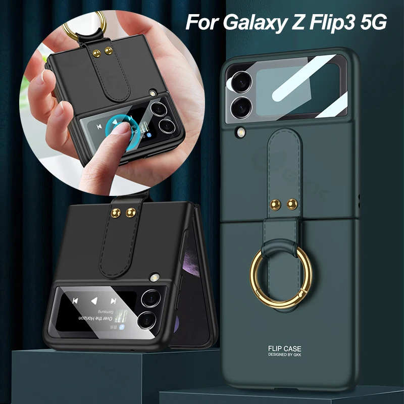 GKK Orijinal samsung kılıfı Galaxy Z Flip 3 5G Durumda Parmak Yüzük Arka Ekran Cam Mat Sert Kapak Samsung Z Flip3 5G
