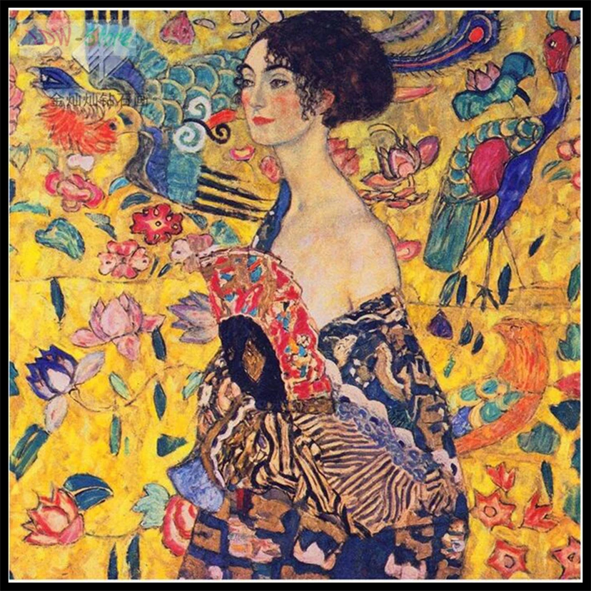 Gustav Klimt çalışır Fan kadın, DİY 5D Elmas Boyama Mozaik Karikatür El Yapımı Çapraz dikiş Seti Elmas Nakış zanaat WG561