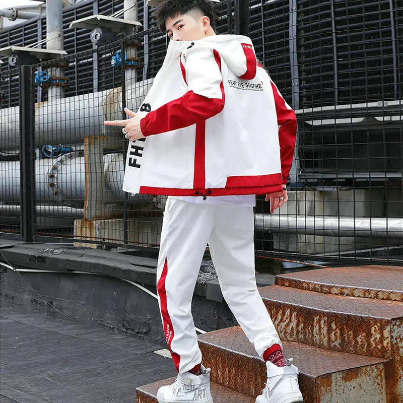Hip Hop Askeri erkek Eşofman Cep Fermuar Gevşek Erkek Ceket Uzun Kollu Rahat Moda Erkek Spor Takım Elbise Ceket + Pantolon