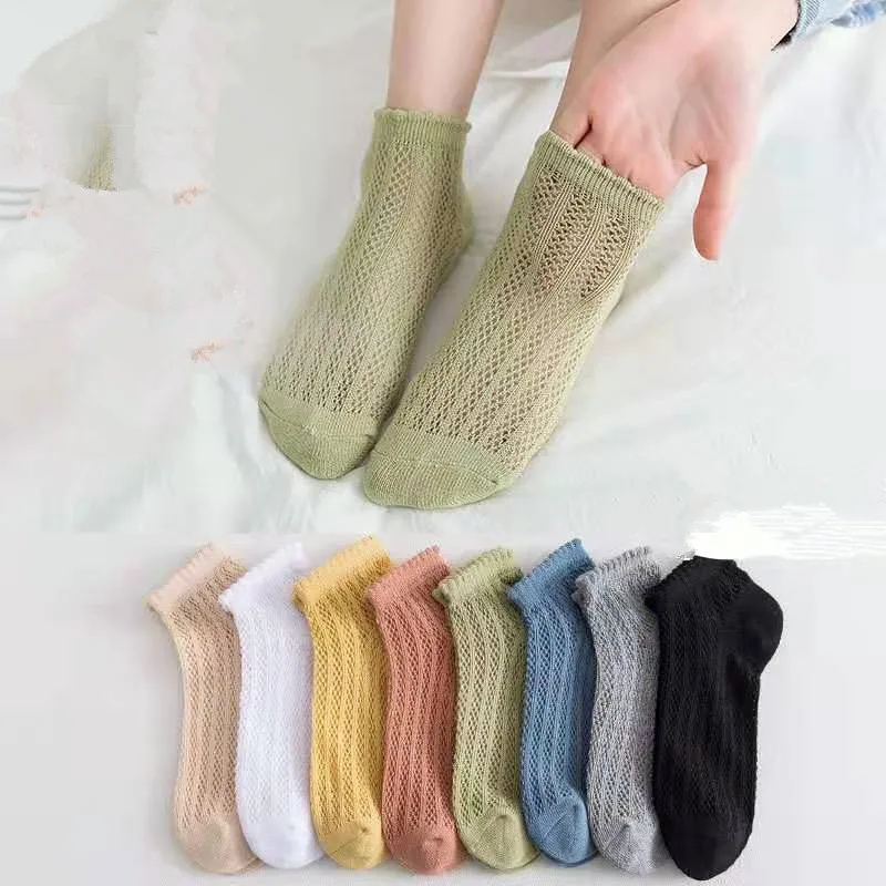 Hollow Out Mesh Kısa Çorap Kadınlar Katı Pamuk Nefes Yaz Düşük Kesim Ayak Bileği Çorap Japon Tarzı Sevimli Harajuku Fırfır Çorap