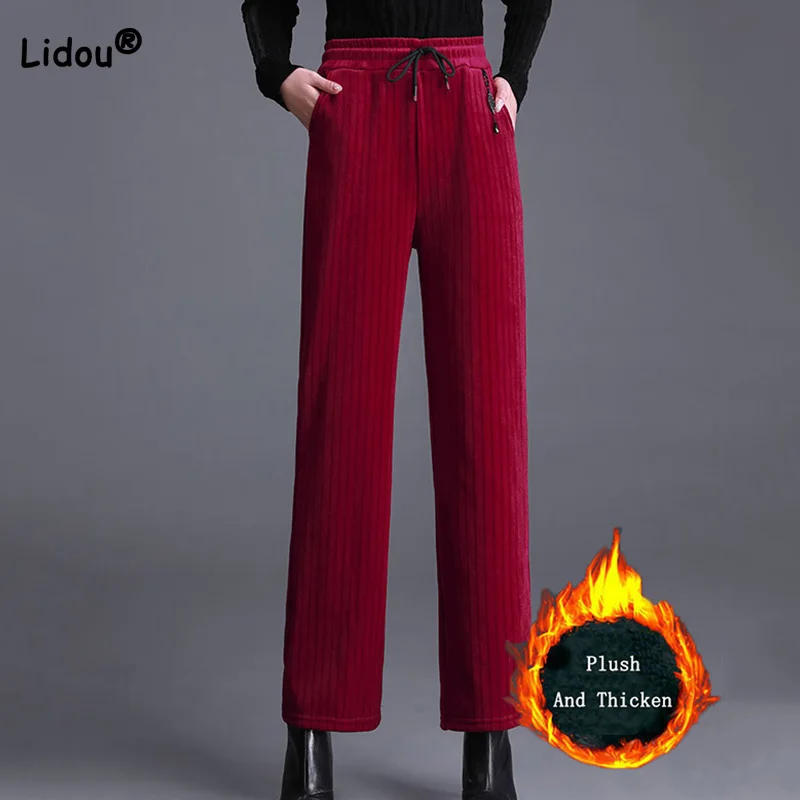 Ince / Peluş ve Kalınlaşmak Sonbahar Kış Moda İpli Pantolon Kadife Çukur Şerit Katı Cepler Yüksek Bel Geniş Bacak Pantolon Bayan