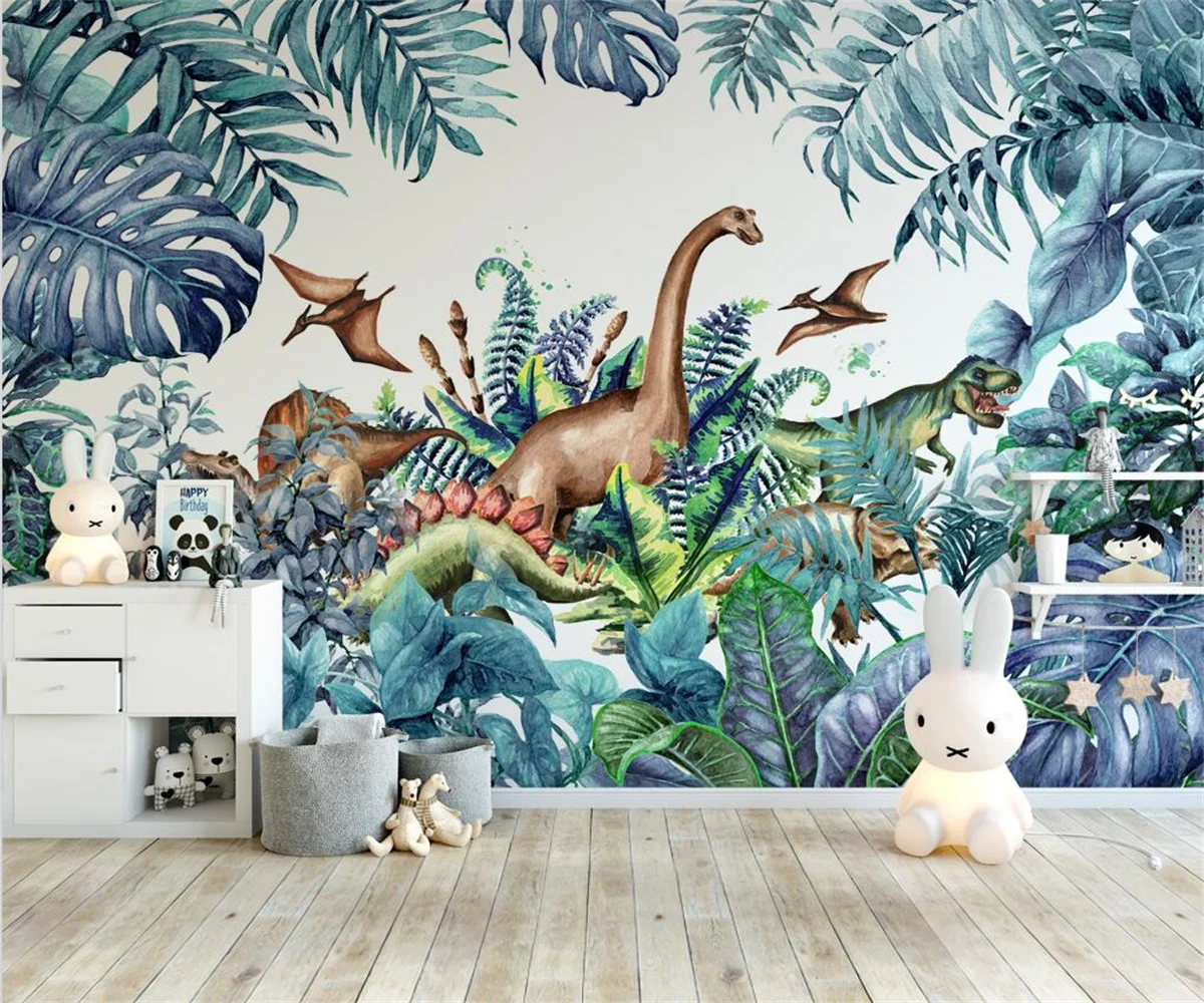 Iskandinav tarzı el-boyalı tropikal bitkiler karikatür dinozor yaş çocuk odası arka plan duvar kağıdı 3d duvar kağıdı