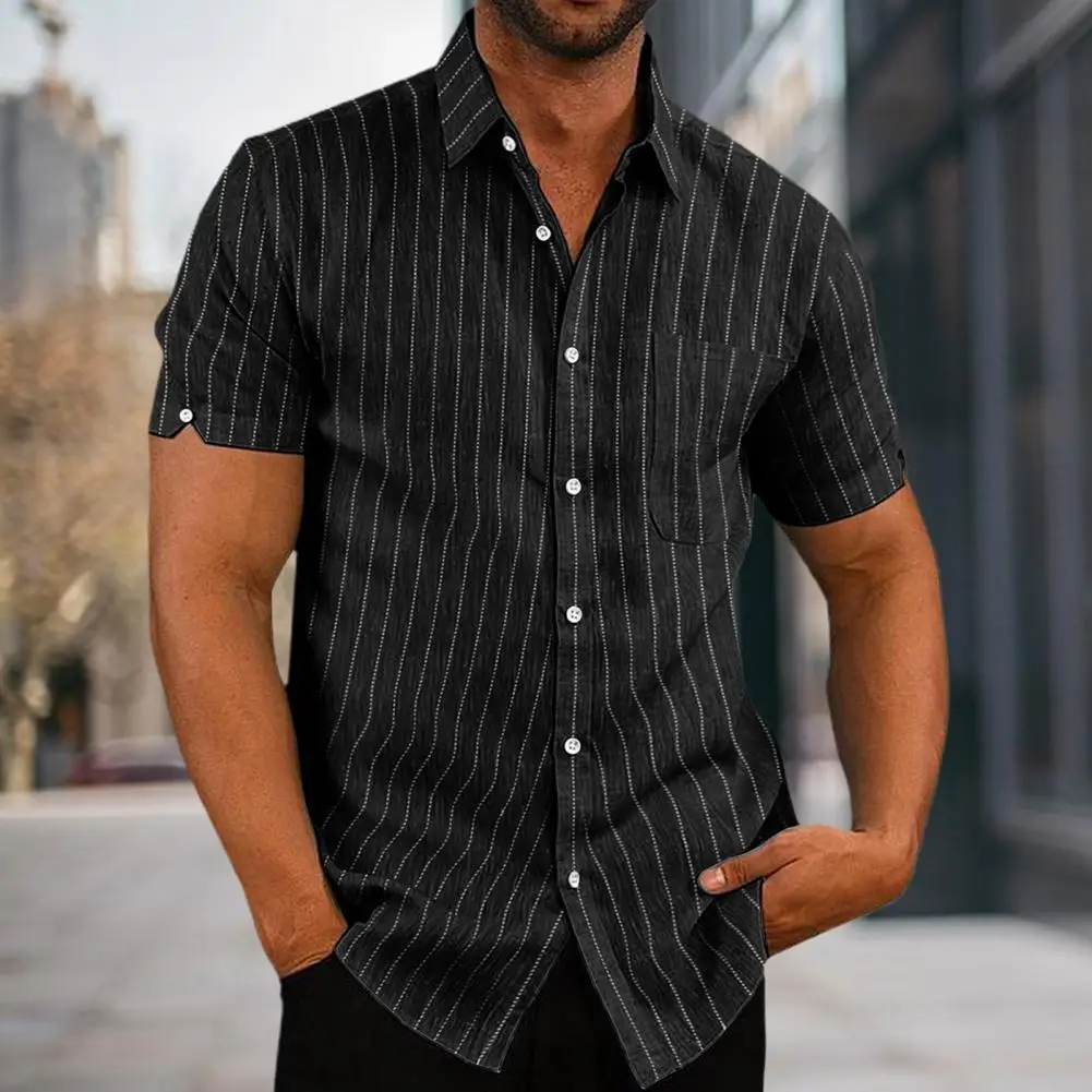 Iş Erkek Gömlek Resmi Turn-aşağı Yaka Tek göğüslü Şerit Baskı Slim Fit Yaz Üstleri Rahat erkek giyim Streetwear
