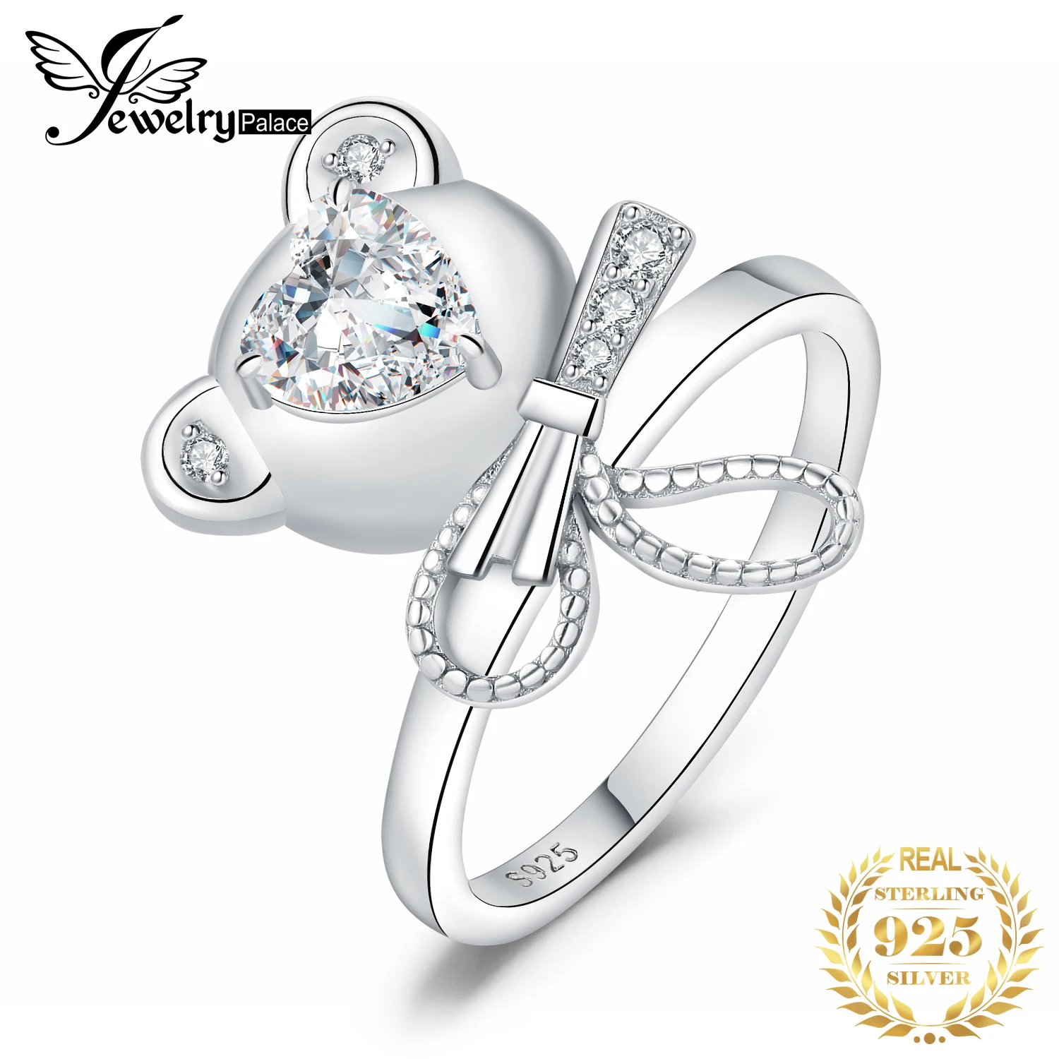 JewelryPalace Yeni Varış Aşk Kalp Ayı Yay Düğüm 1.5 ct Taş 925 Ayar Gümüş Yüzük Kadın Kız ıçin Trendy Güzel Takı