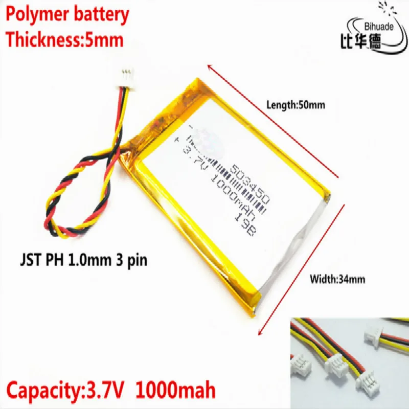 JST PH 1.0 mm 3 pin Kaliteli 3.7 V, 1000 mAh 503450 Polimer lityum iyon / li-ion pil tablet pc için BANKASI, GPS, mp3, mp4