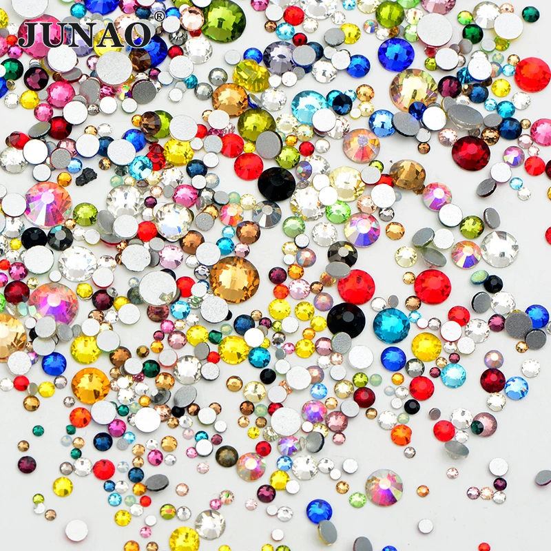 JUNAO 1400 adet Mix 8 Boyutu Glitter Mix Renk Yuvarlak Cam Taklidi Düz Geri Tırnak Kristal Strass Olmayan Dikiş Cam Taşlar Aplike