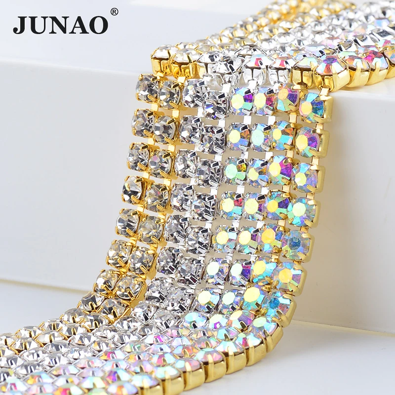 JUNAO SS6 8 10 12 16 18 Glitter Altın Pençe Cam AB suni elmas zincir Saçak Metal Trim Kristal Taş Şerit Dikmek Bantlama Strass